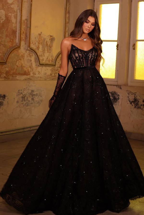 Strapless Black Lace Beads A Line Floor Length Prom Dress with Gloves