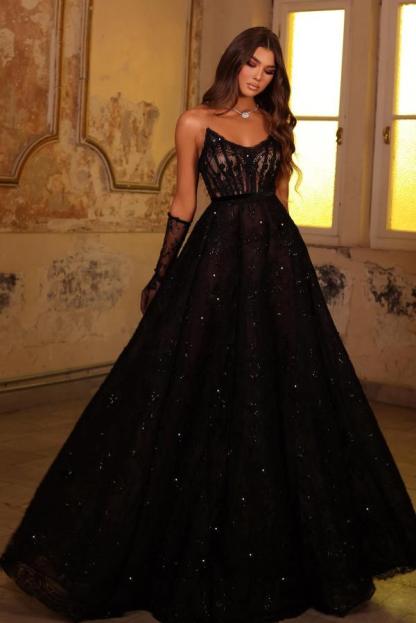 Strapless Black Lace Beads A Line Floor Length Prom Dress with Gloves