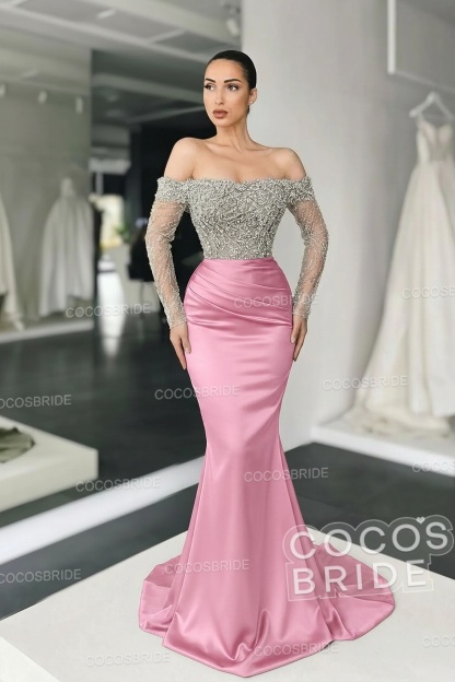 Long Mermaid Off the Shoulder Satin Prom Dress with Sleeves