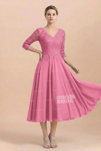 A-Line V-Neck 3/4 Sleeves Chiffon Short Mother Of The Bride Dresses With Lace