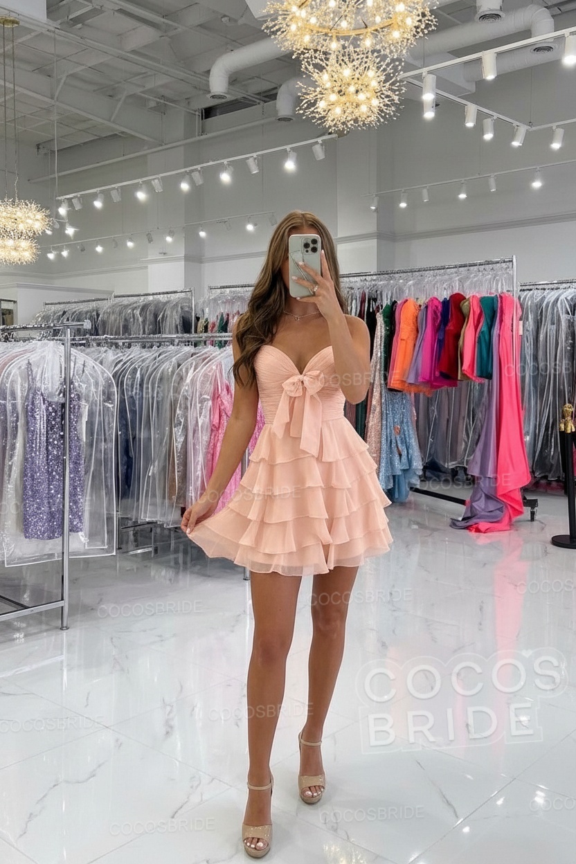 Short Spaghetti Straps A Line Chiffon Ruffles Homecoming Dresses With Bow
