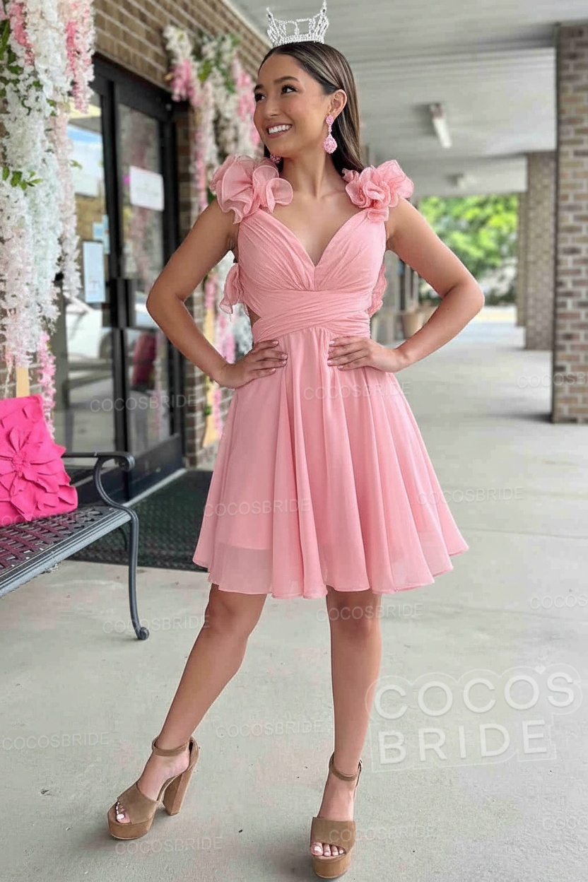 V-Neck Sky Blue Short Chiffon A-Line Party Dress