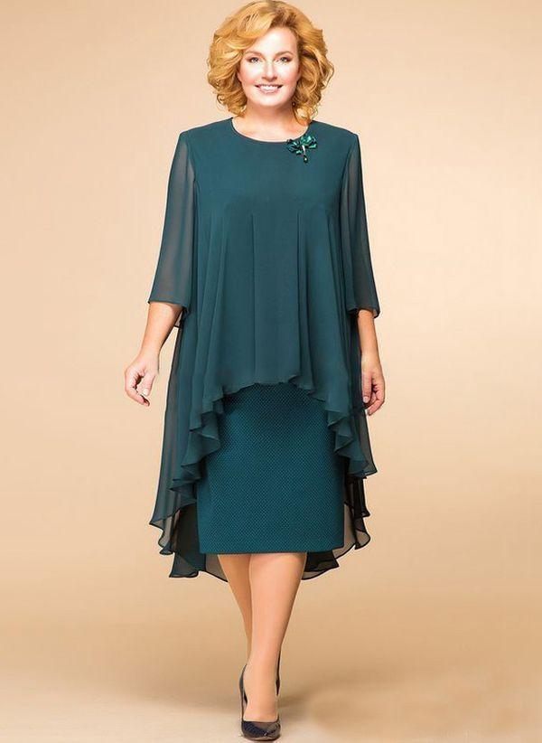 Dark Green Plus Size Floral Round Neckline Elegant Midi Shift Dress Plus Dress