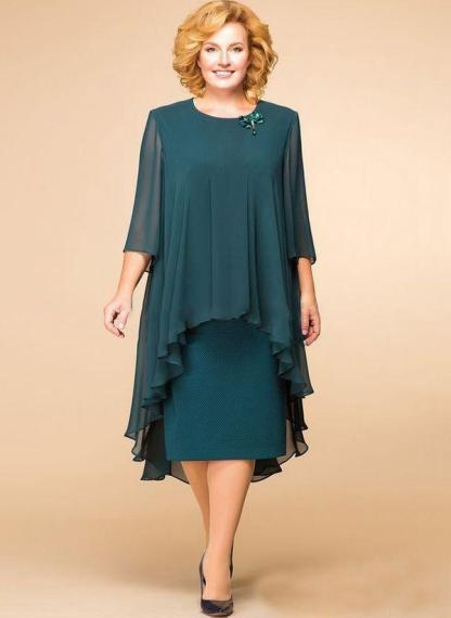 Dark Green Plus Size Floral Round Neckline Elegant Midi Shift Dress Plus Dress