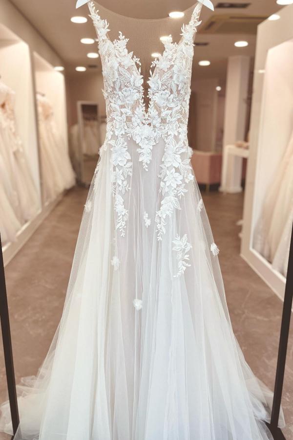 navy blue dress for baby girl White Lace A-Line Front Split Wedding Dresses With Appliques, Bridal Dress,  MW191 main image 1
