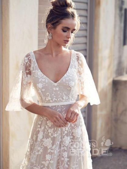 Long A-line V Neck Half Sleeves Lace Backless Boho Wedding Dresses