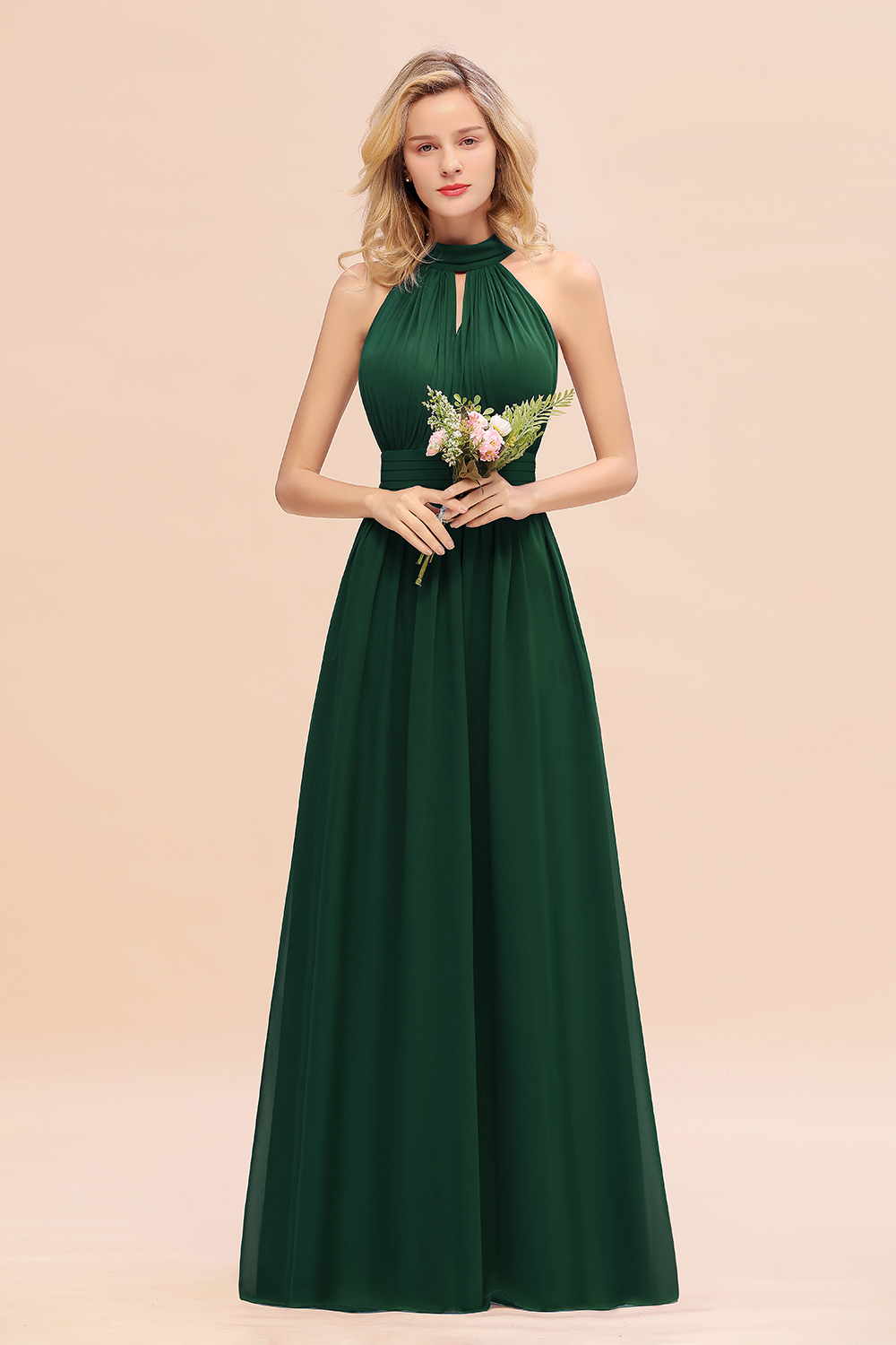 BM0758 Glamorous High-Neck Halter Bridesmaid Affordable Dresses with Ruffle