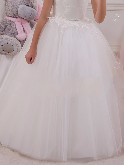 Long Ball Gown White Tulle Lace First Communion Flower Girl Dresses