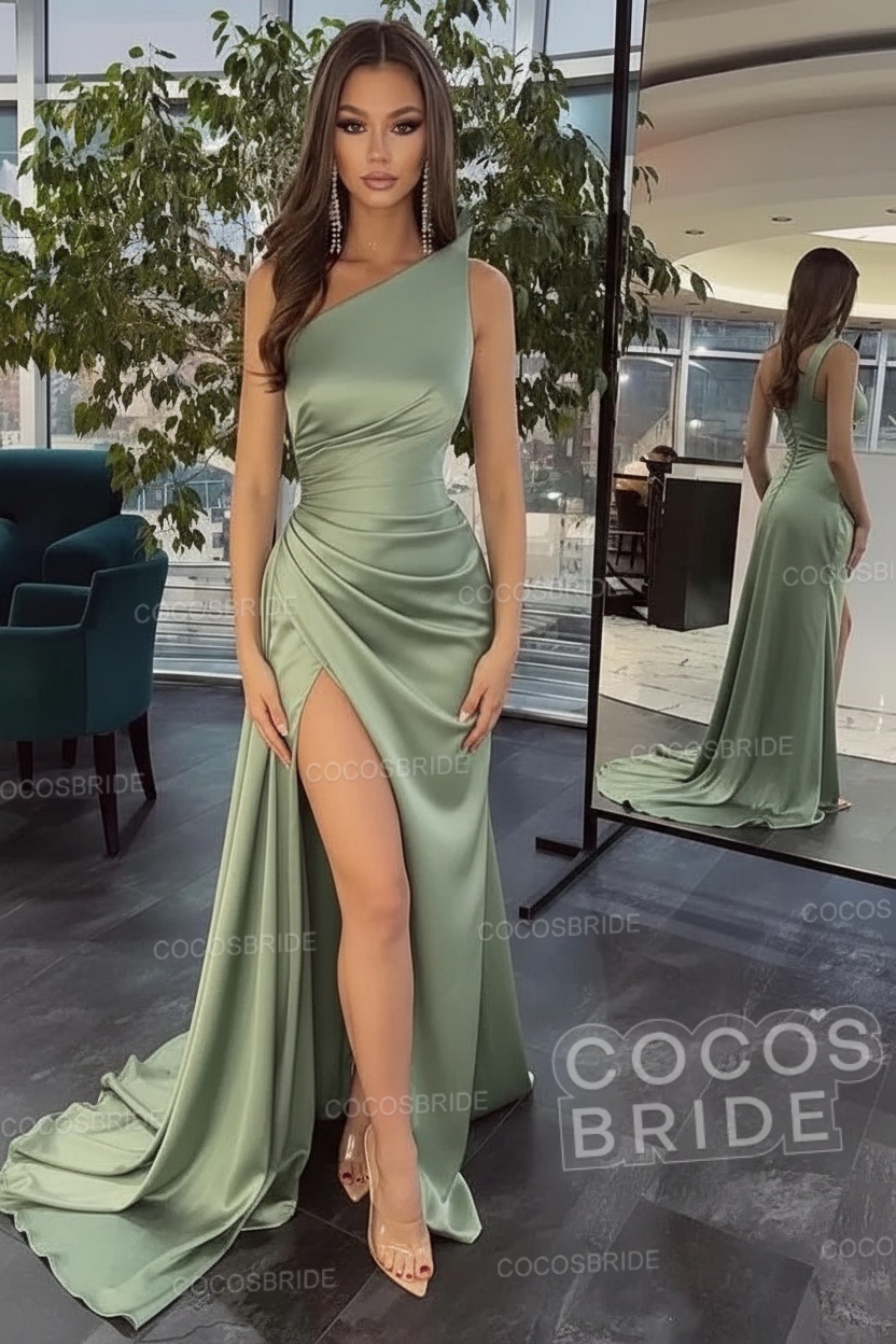 Elegant Black Long Mermaid One Shoulder Satin Prom Dress