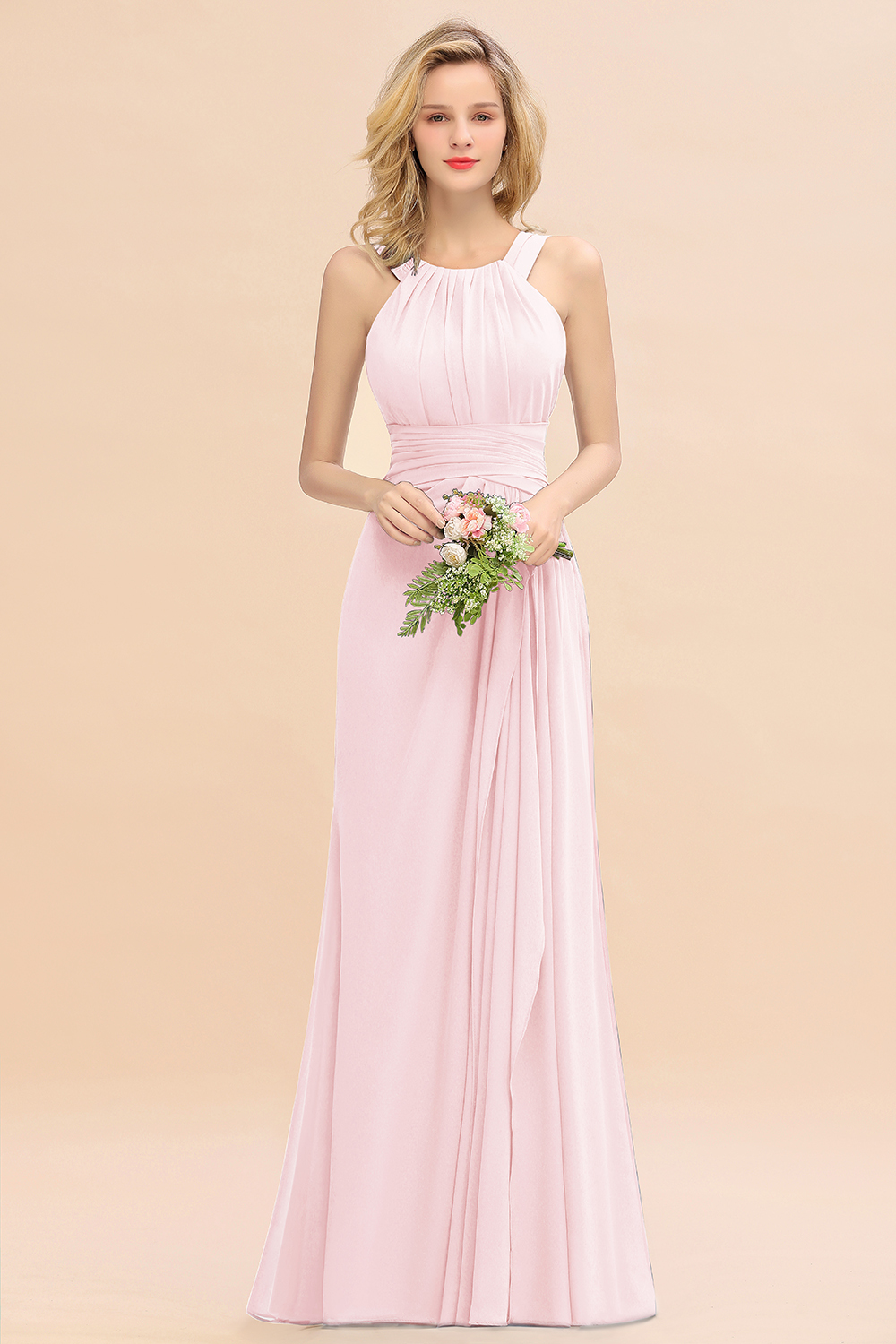 Long A-line Halter Chiffon Backless Floor-length Bridesmaid Dresses