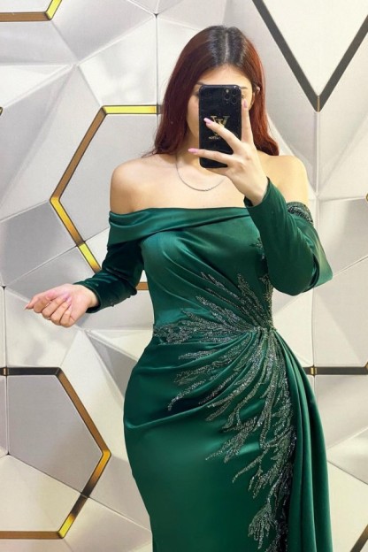 Long Mermaid Off the Shoulder Satin Beading Formal Prom Dresses with Sleeves