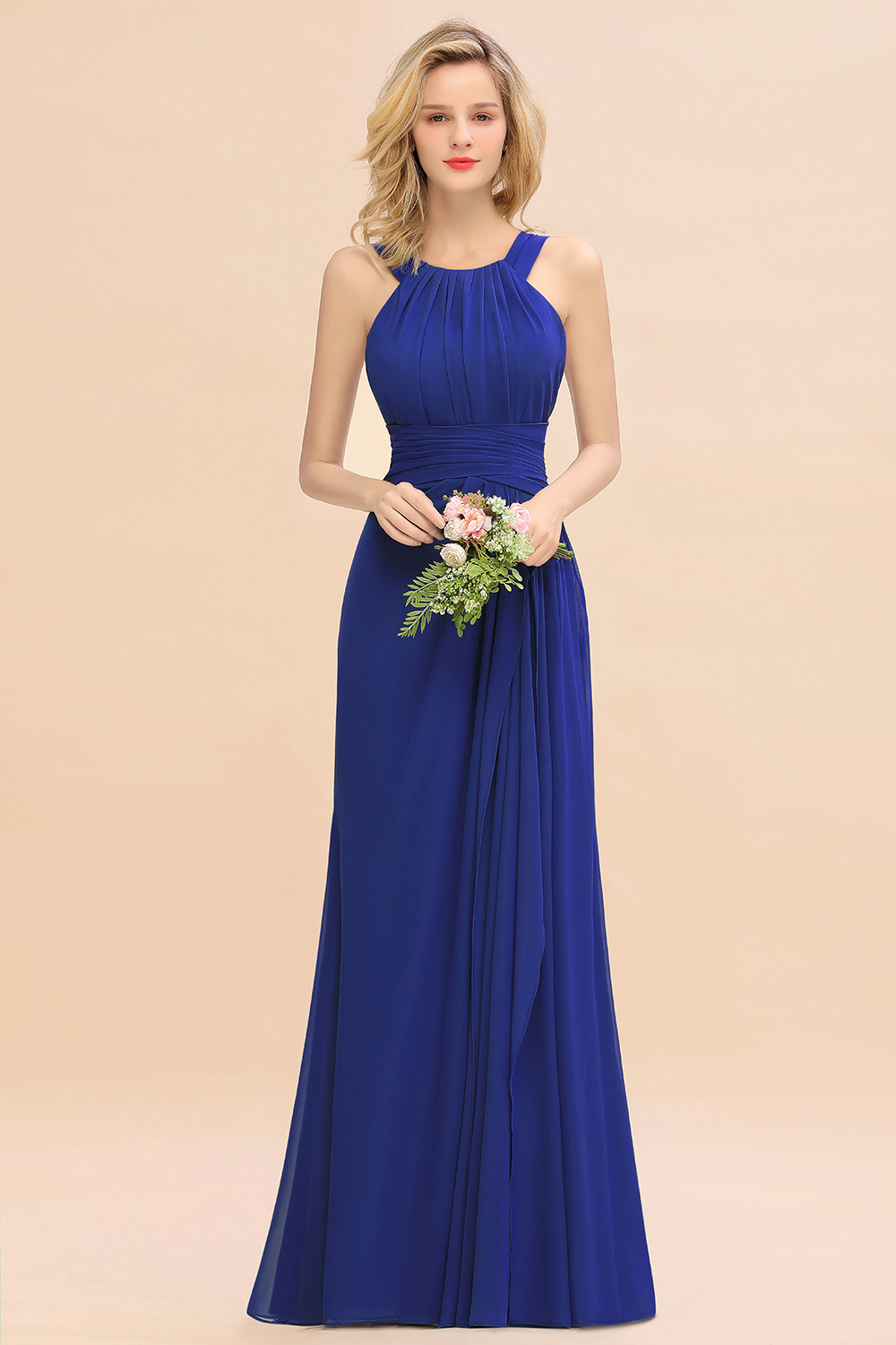 Long A-line Halter Chiffon Backless Floor-length Bridesmaid Dresses