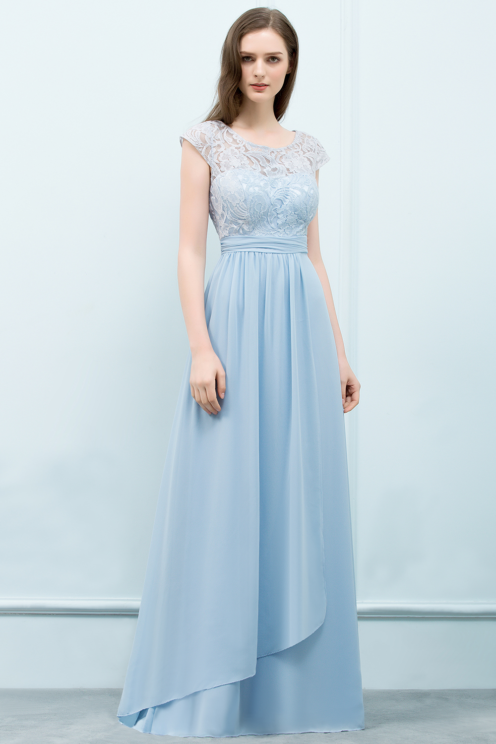 A-line Chiffon Lace Scoop Cap Sleeves Floor-Length Bridesmaid Dresses