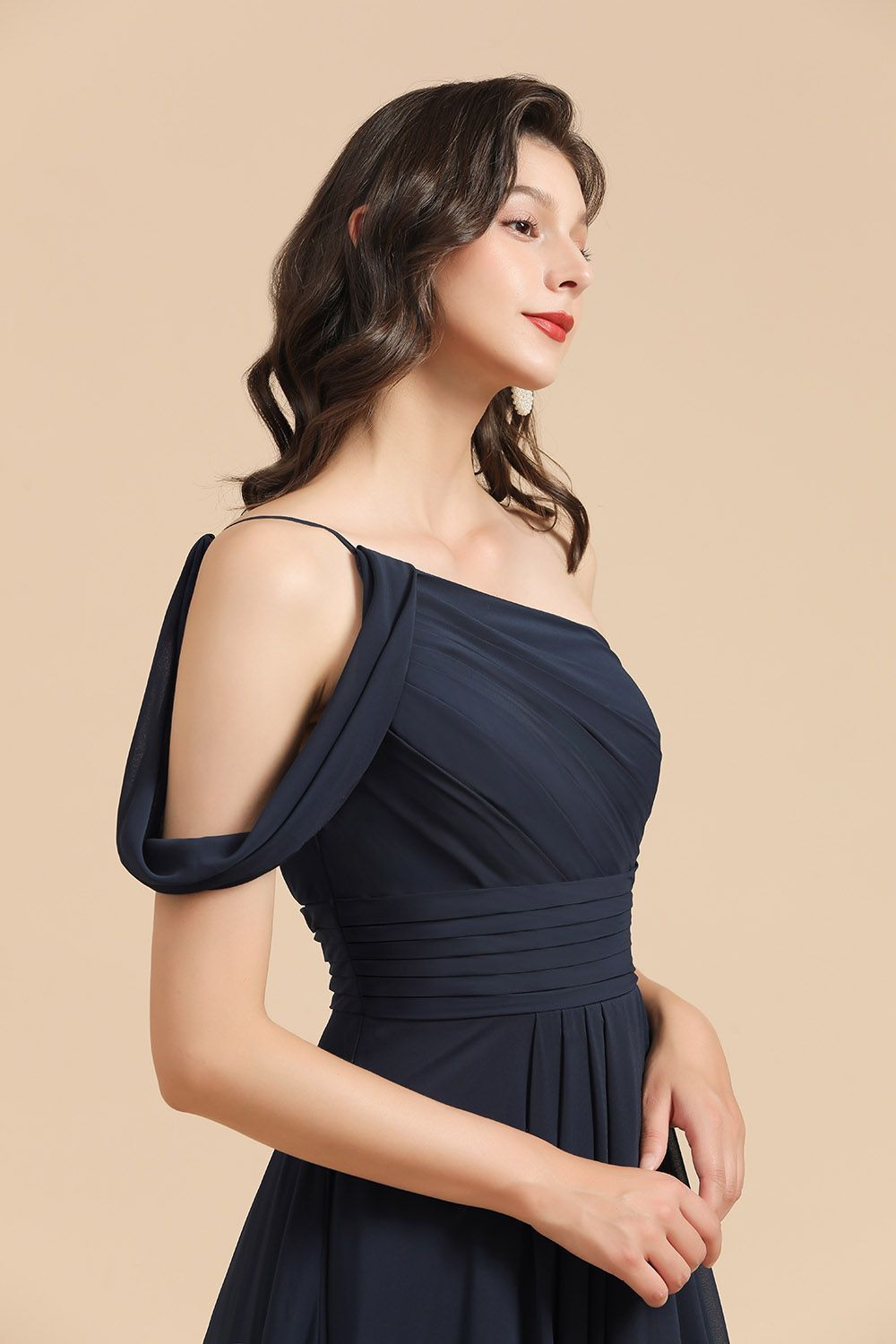 Long A-line Chiffon One Shoulder Bridesmaid Dress Dark Navy Wedding Party Dresses