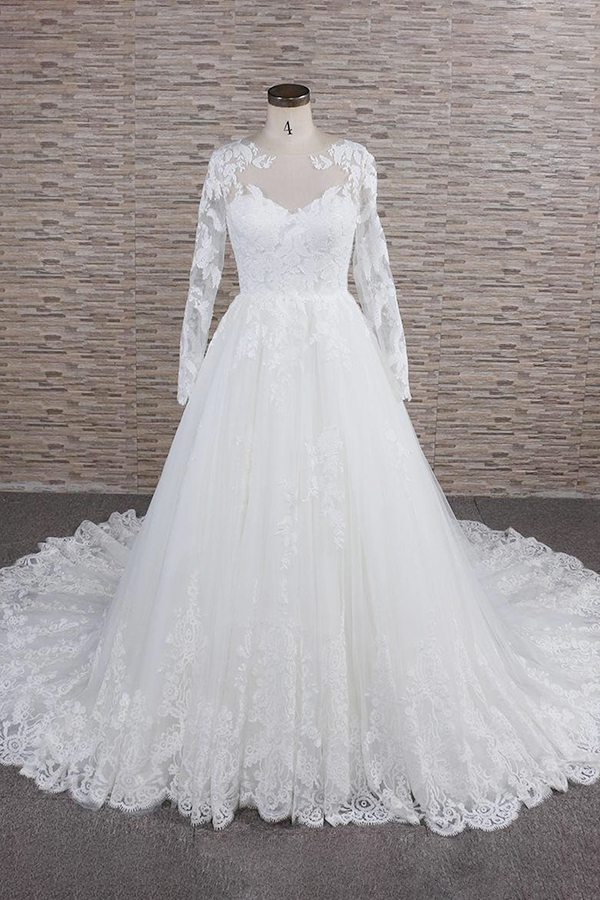 Plus Size Long A-line Applqiues Lace Tulle Wedding Dress with Sleeves
