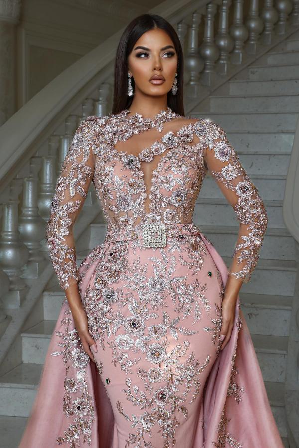 Long Sleeve Pink Satin Mermaid Floor Length Prom Dress with Detachable Train and Appliques