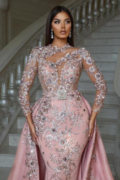 Long Sleeve Pink Satin Mermaid Floor Length Prom Dress with Detachable Train and Appliques