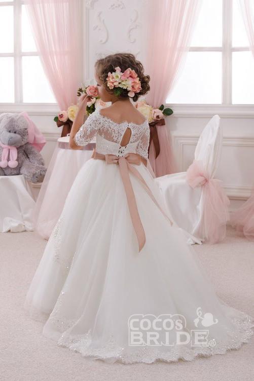 White Off The Shoulder 1/2 Sleeves Ball Gown Flower Girl Dress