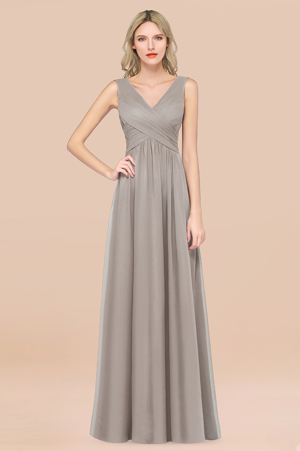 A-Line Chiffon Straps V-Neck Sleeveless Floor-Length Bridesmaid Dress with Ruffles