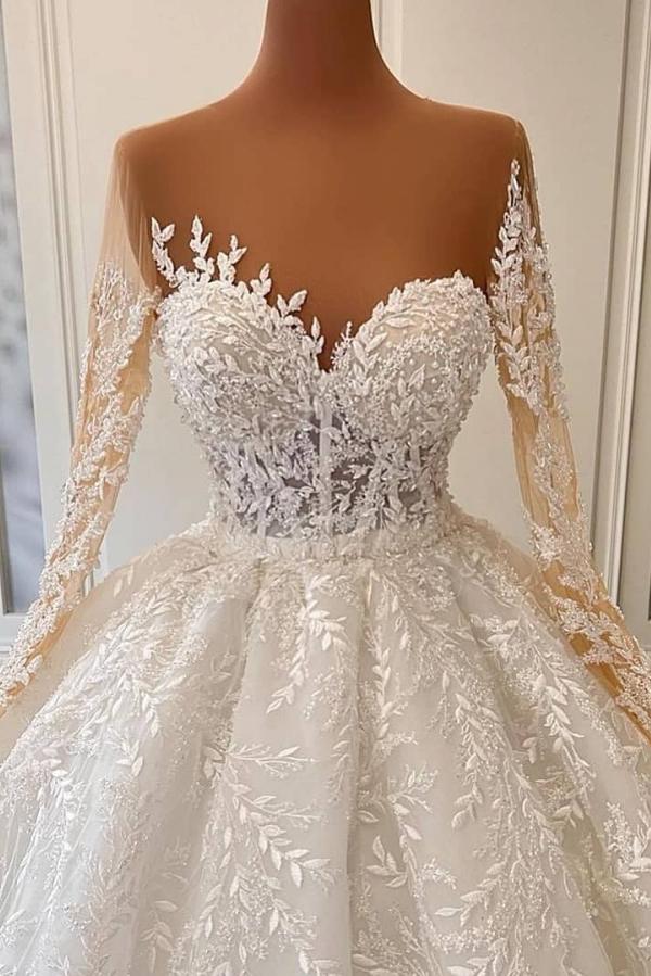 Gorgeous Long Ball Gown Sweetheart Floral Pattern Wedding Dresses with Sleeves