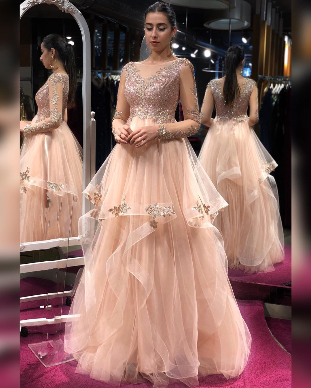 Stunning A-line Bateau Long Sleeve Sequins Tulle Ruffles Backless Prom Dress