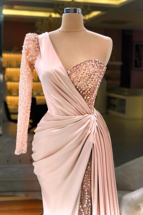 Blushing Pink Mermaid one Shoulder Satin Long Beading Prom Dresses with High Split