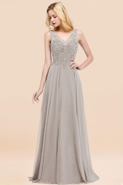 A-line Chiffon Appliques V-neck Sleeveless Floor-Length Bridesmaid Dresses with Crystals