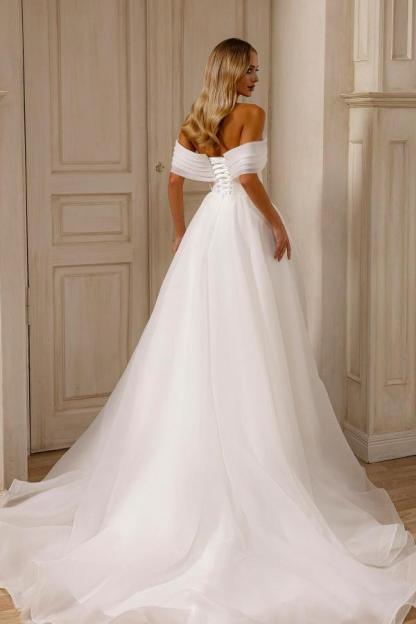 Elegant White Long A-Line Off The Shoulder Tulle Wedding Dresses with Slit