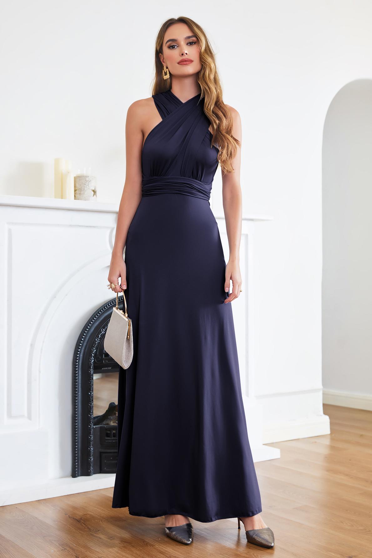 Simple Long Open Back Floor Length A-line Bridesmaid dresses with Ruffle