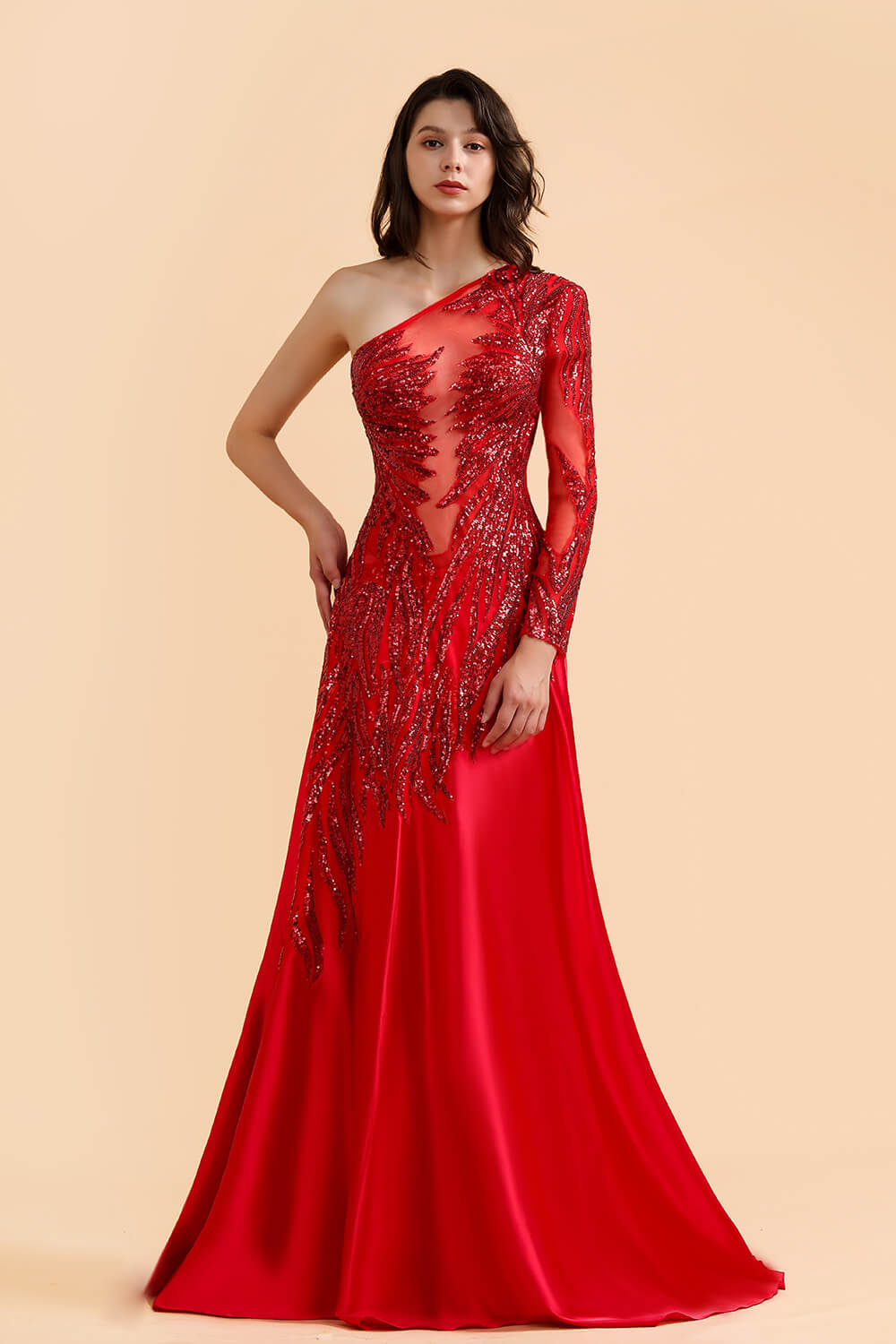 One Shoulder Mermaid Sequins Fuchsia Evening Dresses with Sleeves
