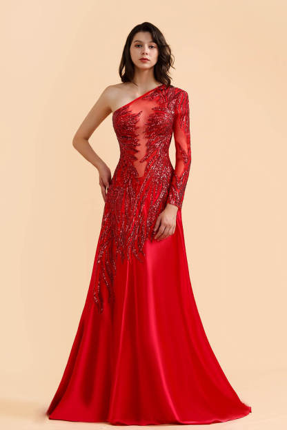 One Shoulder Mermaid Sequins Fuchsia Evening Dresses with Sleeves