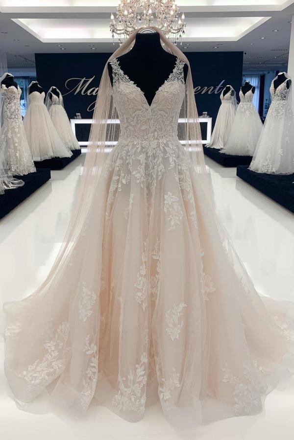 Elegant Long A-line V-neck Tulle Lace Backless Wedding Dresses