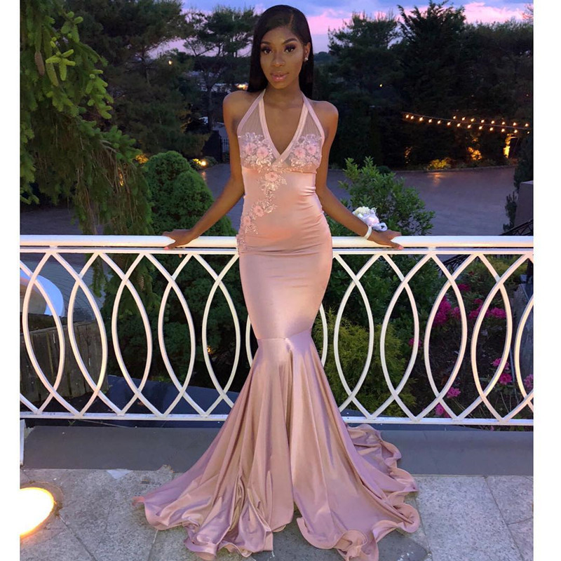 Long Mermaid Halter Satin Appliques Lace Formal Prom Dress