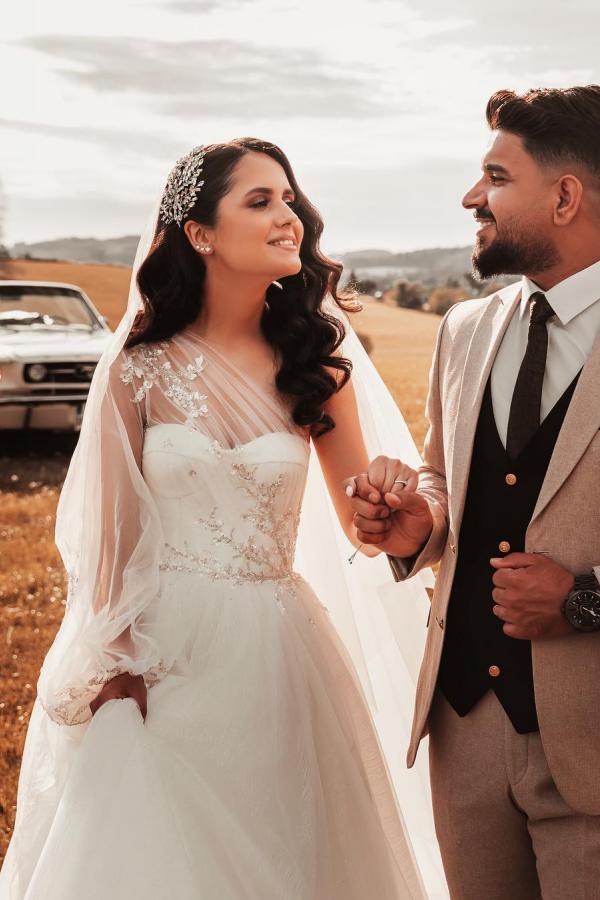 Modest Boho Long A-line Illusion Neck Tulle Wedding Dress with Sleeves