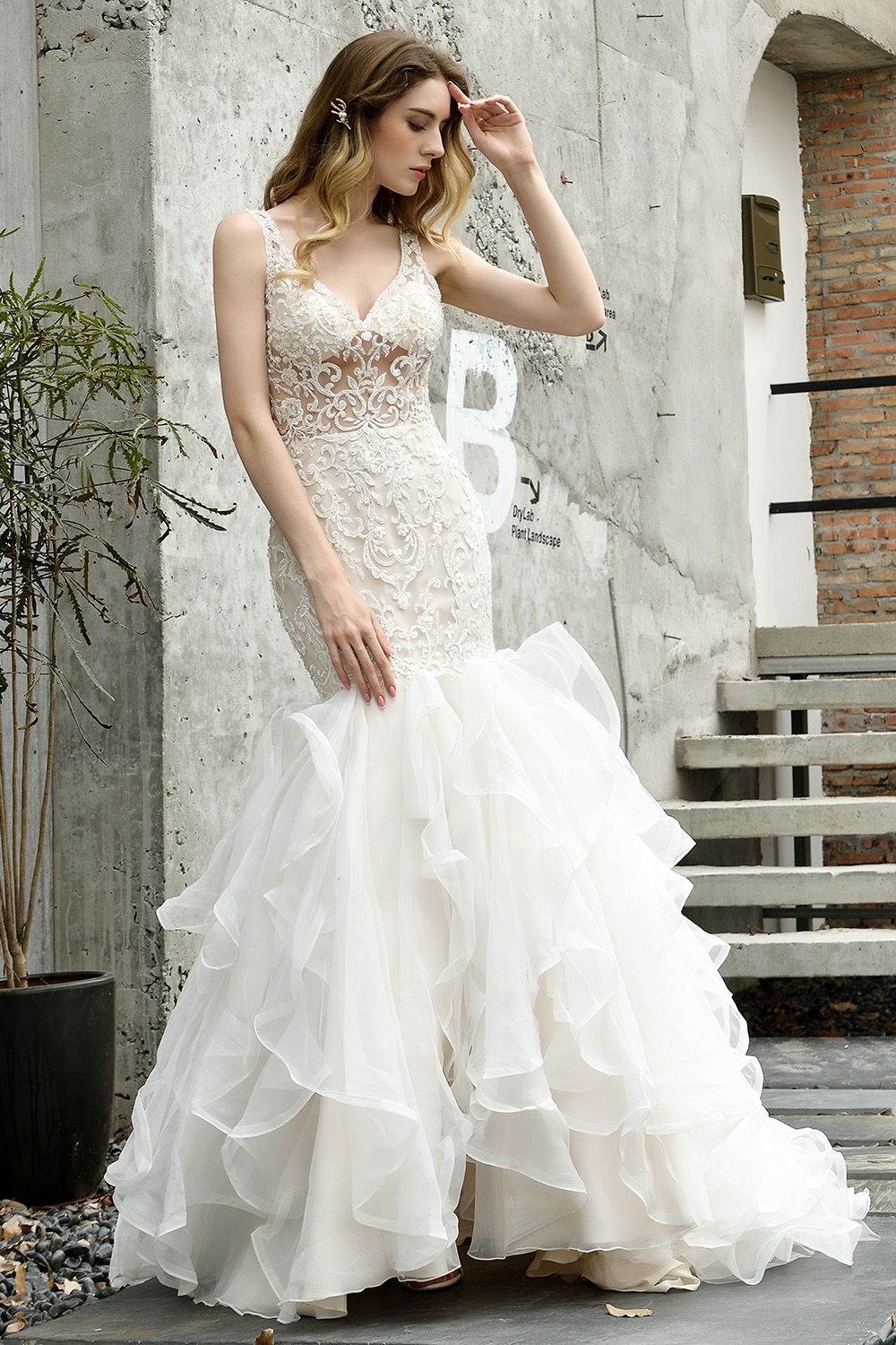 Ivory Long Mermaid V-neck Lace Tulle Ruffles Wedding Dress