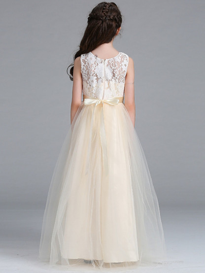 Long Floor Length Tulle Lace Junior Bridesmaid Dress A-line Flower Girl Dresses