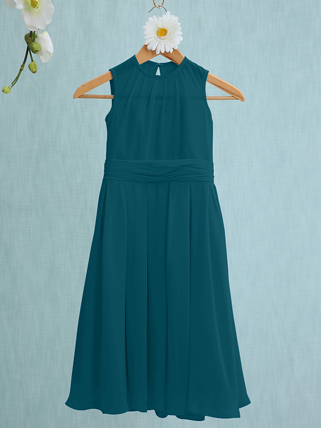Sky Blue Long A-line Jewel Neck Knee Length Chiffon Junior Bridesmaid Dress