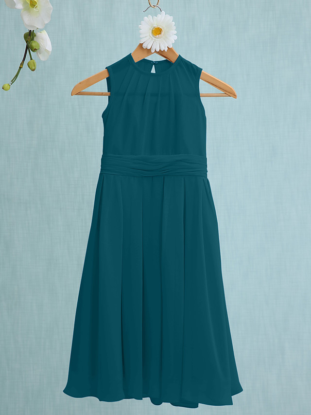 Sky Blue Long A-line Jewel Neck Knee Length Chiffon Junior Bridesmaid Dress