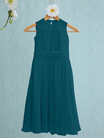 Sky Blue Long A-line Jewel Neck Knee Length Chiffon Junior Bridesmaid Dress