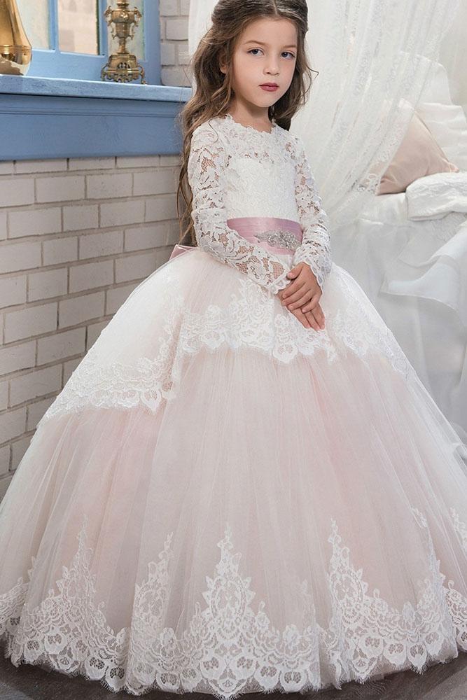 Purple Scoop Neck Long Sleeves Ball Gown Flower Girls Dress