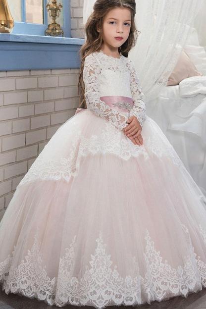 Purple Scoop Neck Long Sleeves Ball Gown Flower Girls Dress