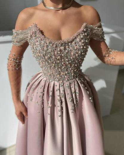 Elegant Long A-line Off the Shoulder Satin Beading Formal Evening Dresses with Slit