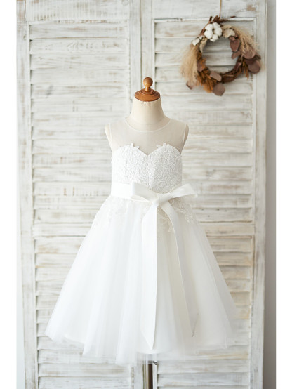 White Ball Gown Sleeveless Short Tulle Birthday Flower Girl Dresses