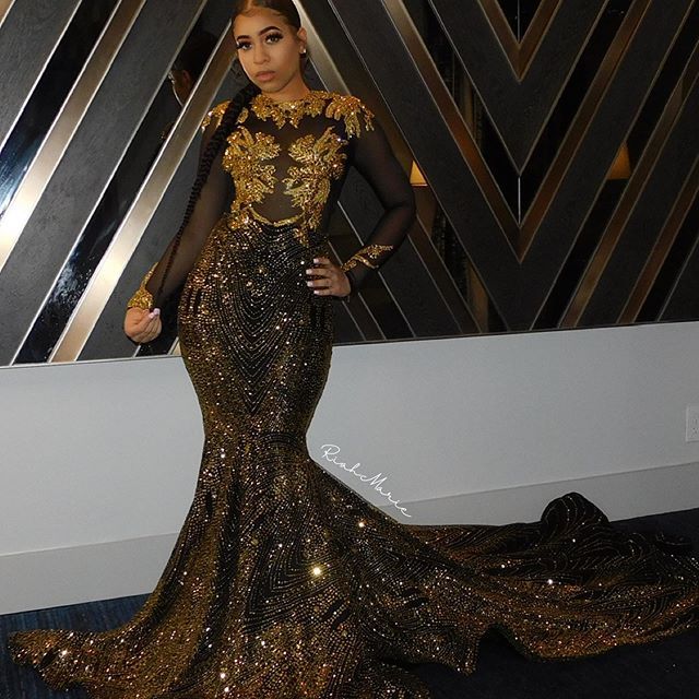 Luxury Bateau Long Sleeve Gold Appliques Sequins Floor-length Mermaid Prom Dress