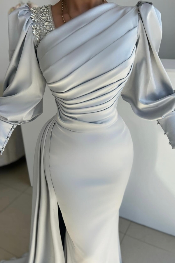 Long Sleeves Mermaid Floor Length Satin Prom Dress with Slit