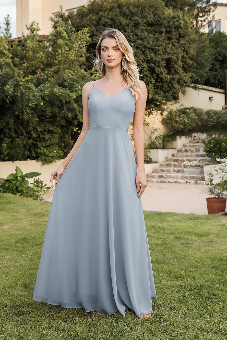 Long A-line Spaghetti Straps V-neck Floor Length Chiffon Formal Evening Dress