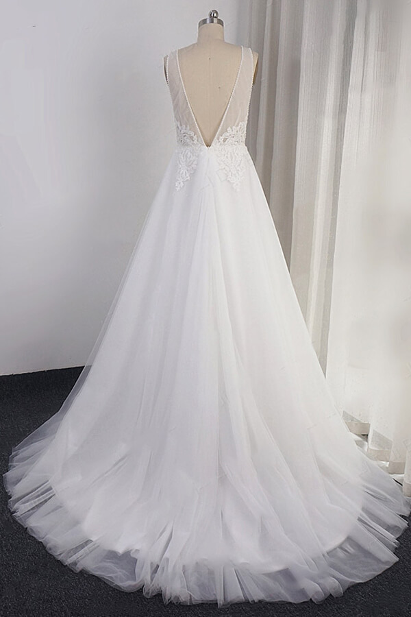 Long V-neck Open Back Appliques Tulle A-line Wedding Dress