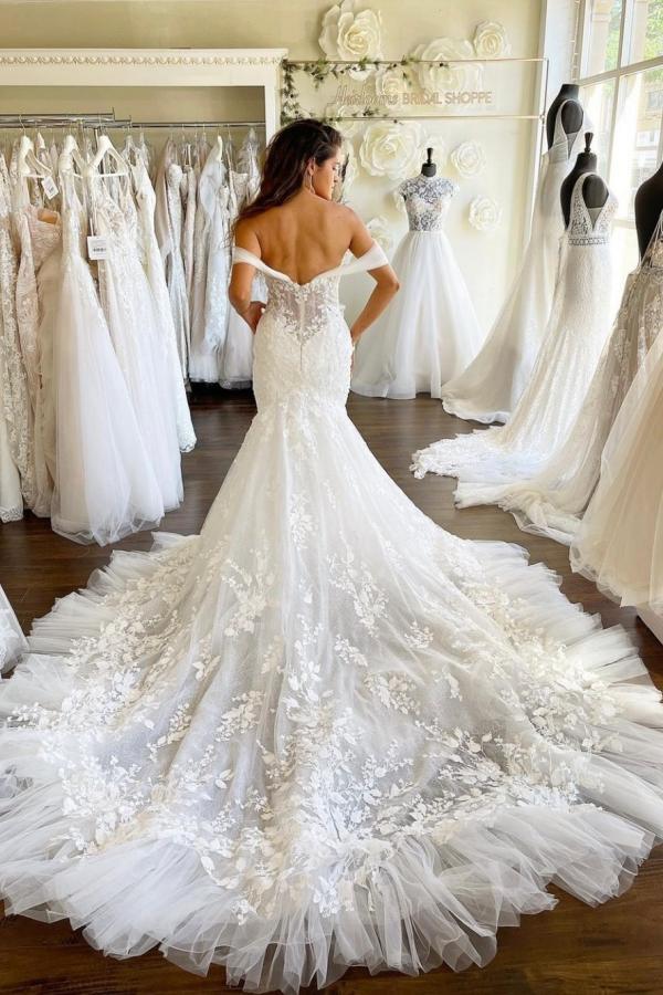 Long Mermaid Off-the-Shoulder Sweetheart Tulle Lace Wedding Dress