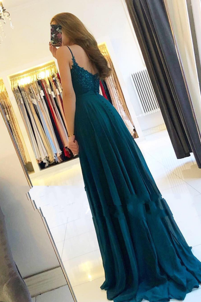 Spaghetti Straps Lace A-Line Ruffles Floor-length Prom Dress With Side Slit