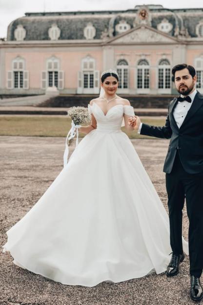 Plus Size Long A-line Off the Shoulder Open Back Wedding Dress with Ruffle